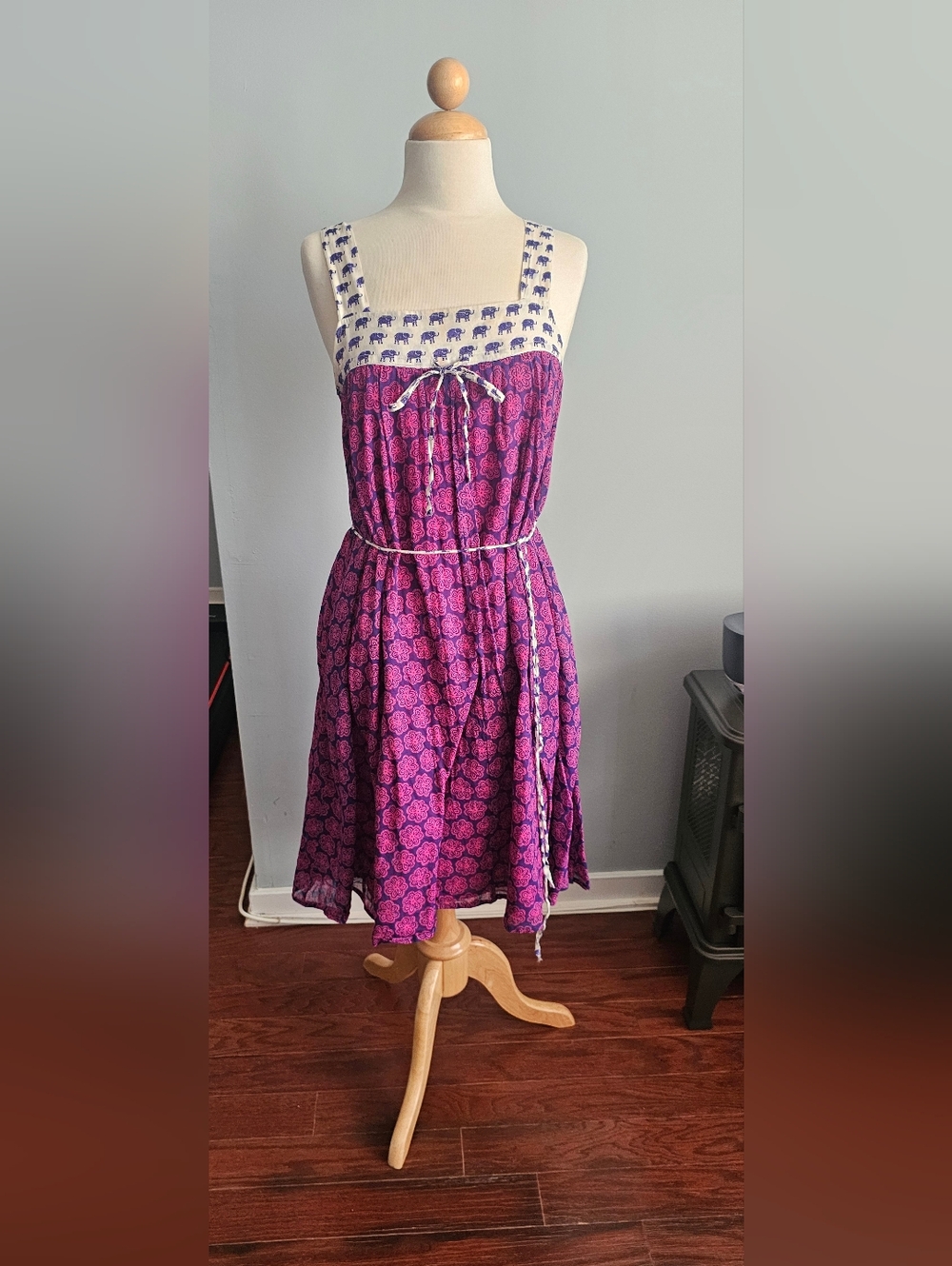 Sleeveless Purple & Pink Printed Midi Dress with Tie Waist